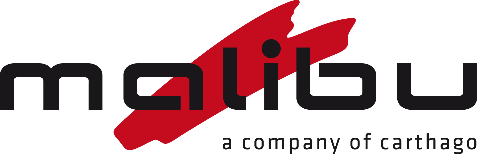 Das Malibu Logo zeigt schwarzen Text mit einem roten Pinselstrich im Hintergrund