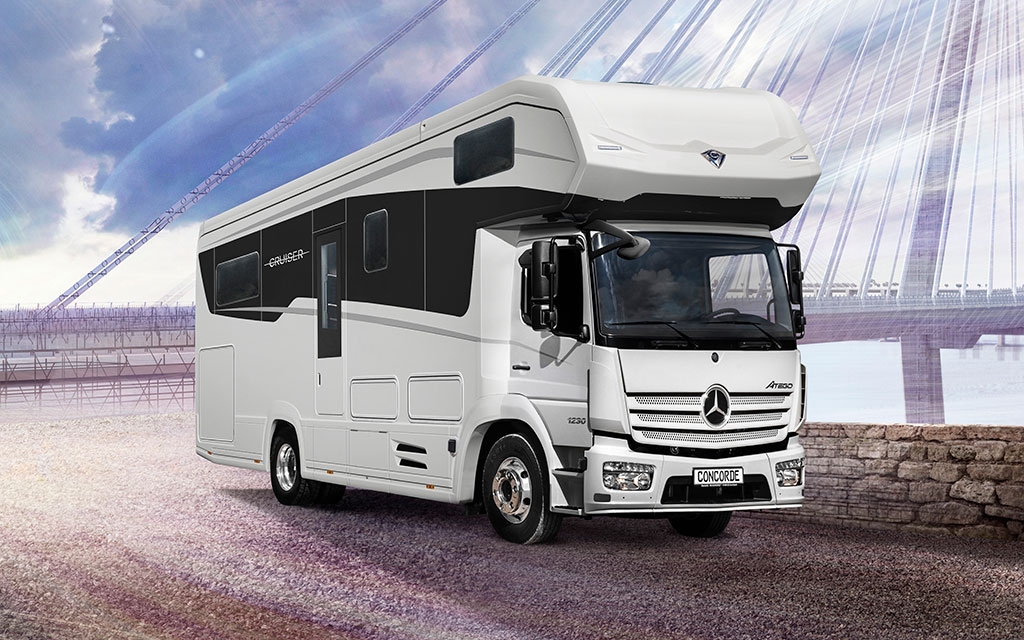 Ein luxuriöses weißes Wohnmobil mit silbernen Details steht vor einer modernen Brücke