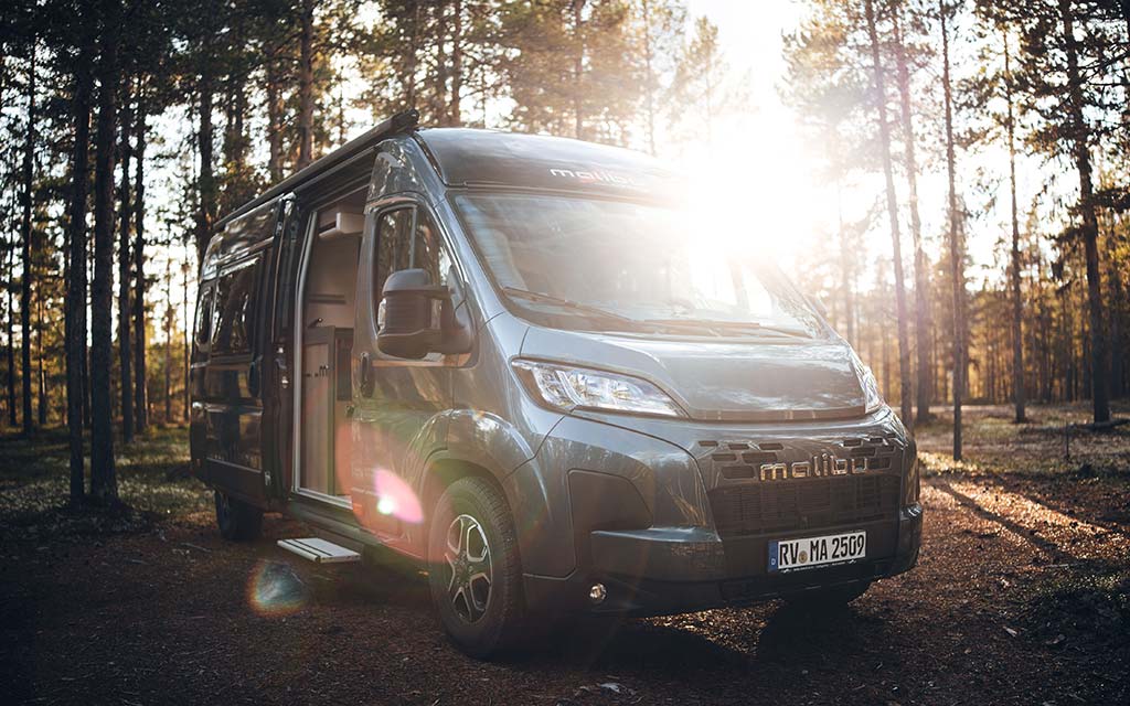 Ein silberfarbener Campingbus steht im sonnenbeschienenen Wald mit geöffneter Tür