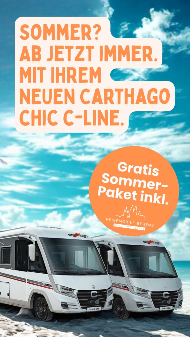 Zwei weiße Wohnmobile vor blauem Himmel, orange Werbetext, Sticker gratis Sommerpaket