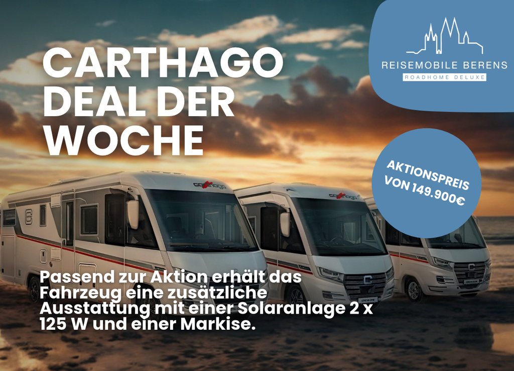 Werbung fuer Carthago Wohnmobile am Strand bei Sonnenuntergang mit Aktionspreis